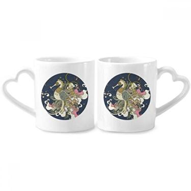 Imagem de Flor Japão Hippocampus Ukiyo-e conjunto de canecas de porcelana para casais, copo de cerâmica para amantes, alça de coração