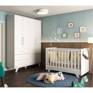 Imagem de Conjunto para Quarto de Bebê com Guarda Roupa 4 Portas 3 Gavetas e Berço Retrô Branco Brilho