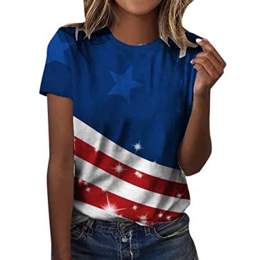 Imagem de Camisetas femininas patrióticas verão bandeira americana listras estrelas camisetas patrióticas 4 de julho Memorial Day túnica casual, Azul escuro, Small