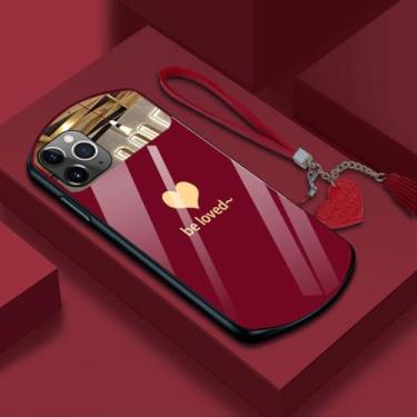 Imagem de Capa de telefone luxuosa fofa oval em forma de coração de vidro temperado para iPhone 15 14 13 12 11 Pro Max XS X SE 8 7 Plus Capa de cordão espelhada, vermelha, para iPhone 13Promax
