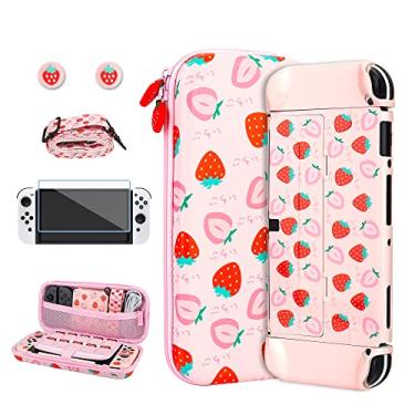 Imagem de RHOTALL 6 in 1 Cute Strawberry Carrying Case Set for Nintendo Switch OLED,Portable Pink Travel bundle Case for Switch OLED Accessories,Protective Cover,Screen Protector,Shoulder Strap and 2 Thumb Caps