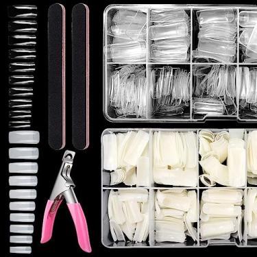 Imagem de 1000 peças de pontas de unhas quadradas para unhas de acrílico profissional, acrílico natural falso transparente curto quadrado francês pontas de unhas artificiais meia capa com cortador de unhas de