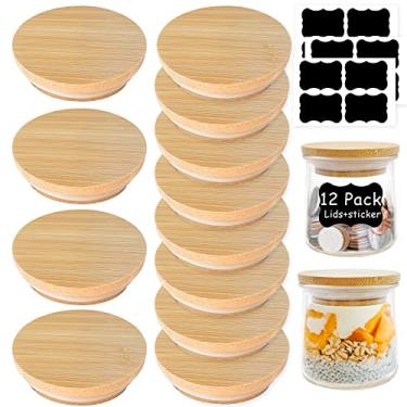 Imagem de Tampas de pote de iogurte Oui pacote com 12 tampas Oui - madeira de bambu natural com anéis de vedação de silicone e etiqueta de garrafa de iogurte Oui, para potes de iogurte Oui de 142 ml
