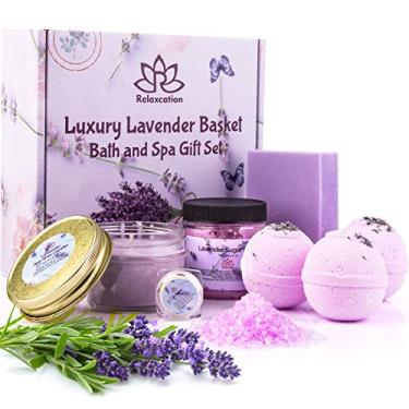Imagem de Spa Gift Baskets for Women Organic Lavender, Bath and Body At Home, Spa Kit, Soy Wax Candle, Natural Oil Bath Salt, 3 Bath Bombs, Soap Bar, Body Sugar Scrub, for Mom, Girls