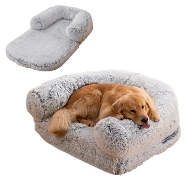 Imagem de Cama de cachorro humana ajustável, cama gigante de pele sintética de luxo para cachorro, tamanho humano, com alça portátil, cama de cachorro de espuma ortopédica de ovo lavável(Light gray)