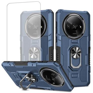 Imagem de Ueokeird Capa para Xiaomi Redmi A3, capa 23129RN51X com protetor de tela de vidro temperado, proteção resistente com anel de metal suporte magnético capa de telefone para Xiaomi Redmi A3 azul