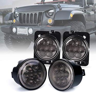 Imagem de Xprite LED Smoke Lens nos pisca-piscas com halo DRL e estacionamento Função & Pára-choque dianteiro Side marcador Âmbar Assembleia Luz substituição Combo para 2007-2018 Jeep Wrangler JK & Wrangler Unlimited