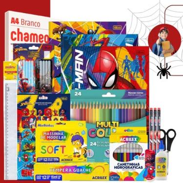 Imagem de Kit Material Escolar Spider Man 72 itens Volta As Aulas Infantil Ensin