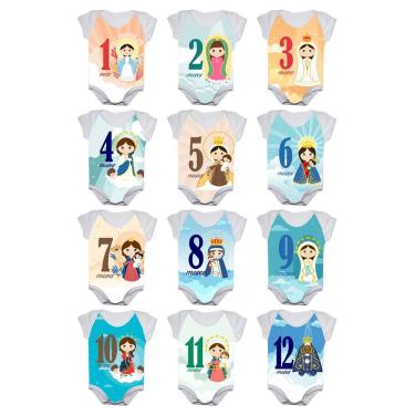 Imagem de Body Bebê Mesversario Nossa Senhora Kit 12 Bodies Santinhas 1 a 12 Meses