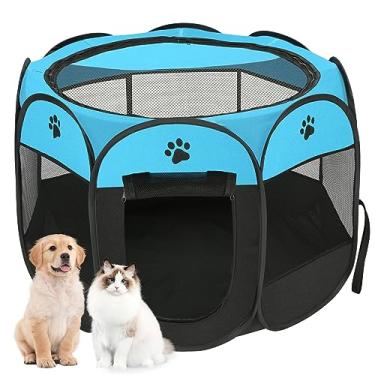 Imagem de Cercado para cães, cercadinho dobrável para filhotes, barraca pop-up para animais de estimação, capa de malha com 8 painéis, design adorável 600D macio Oxford para coelhinho para cães e gatos em ambientes internos e externos. (P 71,12 cm 71,12 cm 45,72 cm, azul)