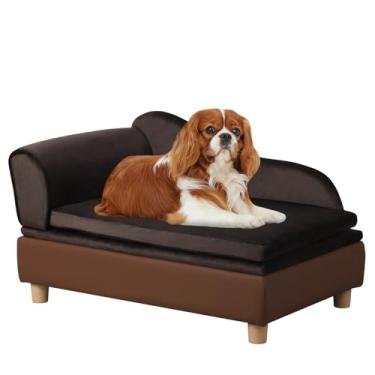 Imagem de Sofá-cama para animais de estimação, sofá para cães pequenos, móveis de veludo e couro para animais de estimação para gatos e raças pequenas (marrom)
