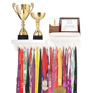 Imagem de Fasmov Expositor de medalhas e prateleira de troféu com 19 ganchos, prateleira de troféu e suporte de medalha, suporte de medalha de madeira para exibição de fita de montagem na parede, suporte de