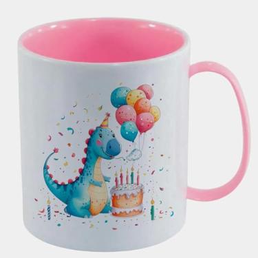 Imagem de Caneca de Polímero Plástico Inquebrável Infantil Rosa - DINOSSAURO-AZUL-ANIVERSARIO-BOLO