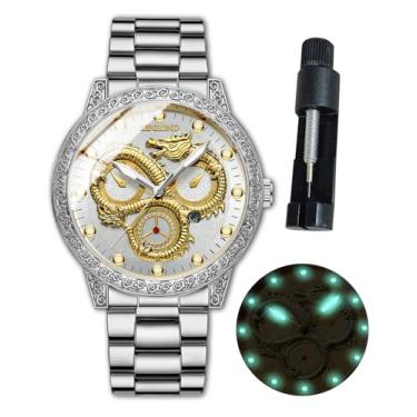 Imagem de BINBOND Relógios masculinos de dragão dourado, de aço inoxidável, luxuoso, para negócios, mostrador grande, data, relógio de pulso masculino, à prova d'água, luminoso, Prata, relógios masculinos