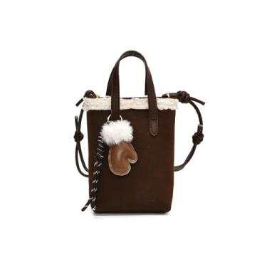 Imagem de CORIOS Bolsa tiracolo feminina de camurça com lã de cordeiro vintage bolsa de ombro macia de pelúcia com alça superior pequena, Café, Large