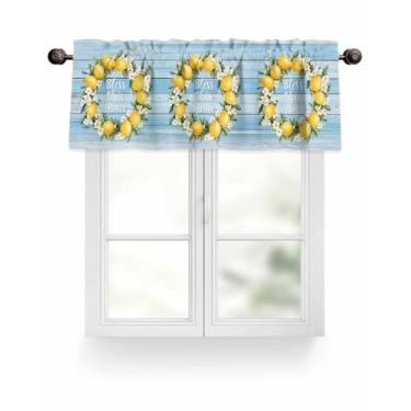 Imagem de Cortina de verão limão para cozinha, folhas verdes, flores brancas, sanefas para janelas cortinas curtas com filtro de luz de grão de madeira azul, tratamento de janela para quarto, sala de estar