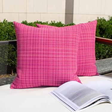 Imagem de Kevin Textile Pacote com 2 fronhas decorativas à prova d'água ao ar livre fronhas quadradas listradas capas de almofada modernas para sofá de pátio 45 x 45 cm rosa choque