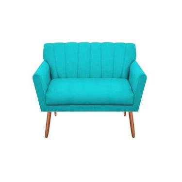 Imagem de Namoradeira Decorativa Cecília Suede Azul Turquesa 2 Lugares Pés Madei