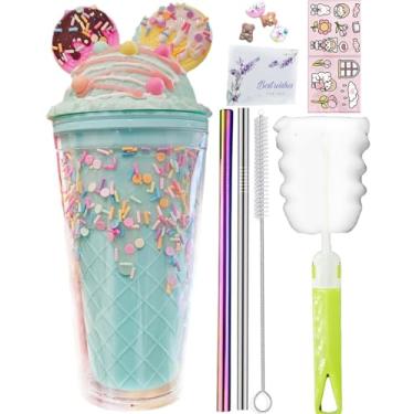 Imagem de viva story Copo de viagem de unicórnio com canudo chocolate copo bebendo gelo leite caneca de café copo de plástico para piquenique festa presente de aniversário (orelha de chocolate azul 2, 450 ml)