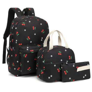 Imagem de Dezcrab Mochila infantil para meninas, adolescentes, mochilas escolares com lancheira, estojo de lápis, Cereja, Small