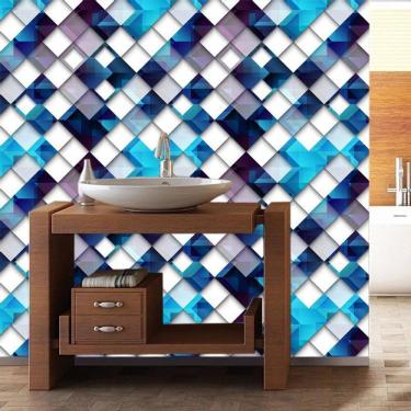 Imagem de Papel Parede Quadrados Azul Preto Branco Geométrico Adesivo