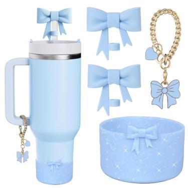 Imagem de Conjunto de acessórios de garrafa de água cintilante para copo Stanley, 2 peças de tampas de canudo com laço, 1 pingente de laço fofo e alça de coração e 1 bota de silicone para Stanley copo de 30 e