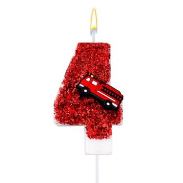 Imagem de Vela com número de aniversário, caminhão de bombeiros com lantejoulas vermelhas, vela de feliz aniversário, numeral, topo de bolo para meninos e meninas, aniversário de bombeiro, aniversário, tema de
