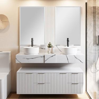 Imagem de Conjunto Para Banheiro Bancada Em Porcelanato Com Cuba De Apoio, Armário E Espelho Ripy 120cm Branco