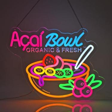 Imagem de JULHOVR Placa De Neon Para Tigela Açaí, Luzes Penduradas, Decoração Parede Bar Sucos, Restaurante, Loja, Mercado, Food Truck, Café, Casa, Alimentação Usb, Ultra Brilhante, Regulável, 15,75 X 12,2 Po