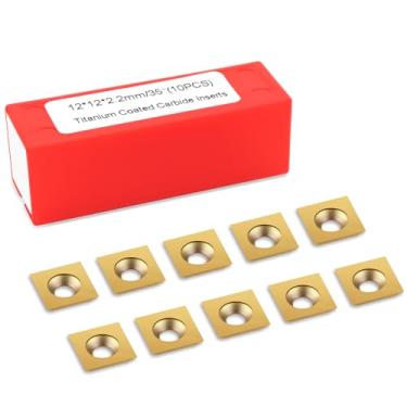 Imagem de BINSTAK Inserções de carboneto de canto quadrado revestido TiN 4 bordas, 12 x 12 x 2,2 mm, ângulo de corte de 35 graus, 10 peças, furo escareador (ouro)