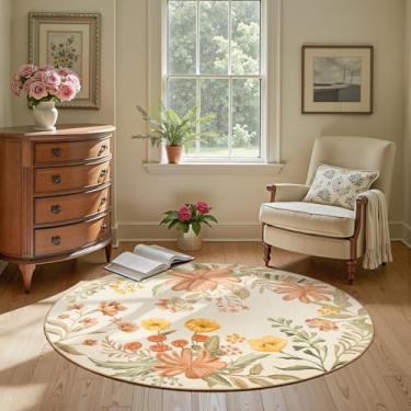 Imagem de jinchan Tapete de área floral redondo de verão de 1,2 m para entrada - Tapete de flores lavável macio antiderrapante círculo 1,2 m tapete redondo para sala de estar, quarto, sala de jantar, rosa coral