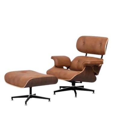 Imagem de Poltrona Com Puff Charles Eames Couro Caramelo Base X Preta  - 68558 -