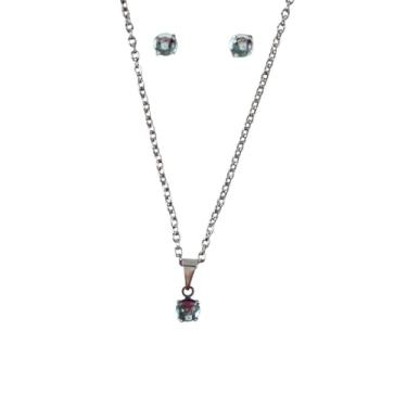 Imagem de Conjunto Feminino Colar e Brinco Aço Inox com Ponto de Luz Pedra da Lua Cores Rosa, Azul, Verde e Vermelho Antialérgico (Azul)