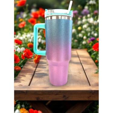 Imagem de Copo Térmico Garrafa Glitter 1200ml Brilhante com Tampa Canudo Caneca com Alça Portátil Festa Evento Aço Inox(Azul bebe-Glitter)
