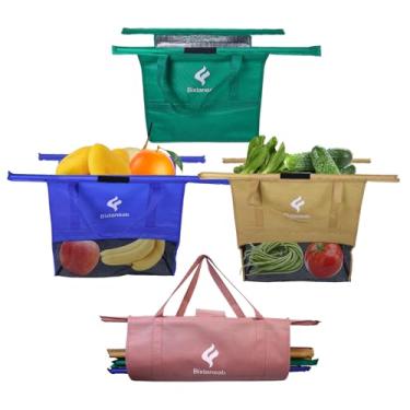 Imagem de Bixtaneab Sacolas ecológicas para carrinho de compras – Conjunto de 4 sacolas de supermercado reutilizáveis com refrigerador, suporte para ovo/vinho, fundo de malha, lavável na máquina, leve, compacto