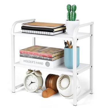 Imagem de UPRIMEASY Organizador de prateleira de mesa, prateleira de mesa de escritório de 2 camadas para parte superior da mesa, prateleira de madeira e metal (branca)