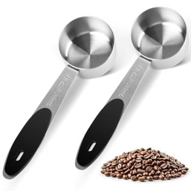 Imagem de 2 peças de 1/8 xícara medidora, 30 ml, copos medidores únicos de 28 g, xícaras de aço inoxidável, colher de café para café moído com alça de silicone preto, grande capacidade, confortável, colher de