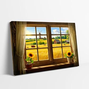 Imagem de KAWAHONE Arte de parede impressa em tela com vista de janela de fazenda, decoração de parede de girassol outono, colheita de trigo amarelo, natureza, paisagem, arte de parede para sala de estar