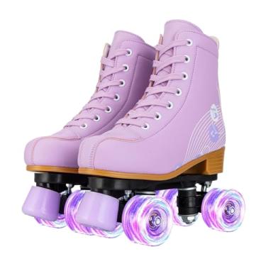 Imagem de Gets Patins femininos com rodas iluminadas, couro artificial ajustável, fileira dupla, 4 rodas, patins brilhantes para adolescentes, adulto-roxo, 38