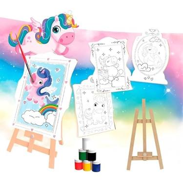 Imagem de Kit de Pintura Infantil com Cavalete 36x20cm, Avental, 6 Tintas, Tema Unicórnio, a partir de 3 Anos