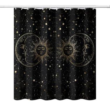 Imagem de Cortina de chuveiro Sun Moon Black Gold à prova d'água, estilo boêmio, retrô, decoração de banheiro, cortina de chuveiro, tema mandala, lua e chuveiro, 12 ganchos 166 x 182 cm