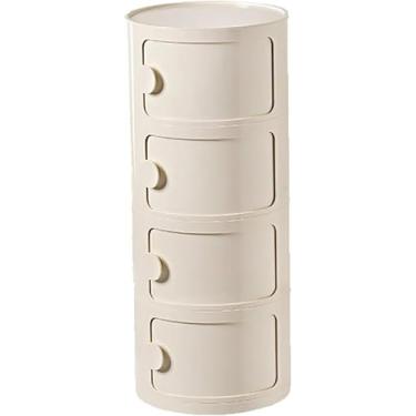 Imagem de Mesa De Cabeceira Redonda Com Gavetas, Pequena Mesa De Cabeceira Com Armazenamento, Armário De Armazenamento Com Portas De Correr, Mesa De Cabeceira Estreita, Baú De Mesa De, Beige a, 4 tier