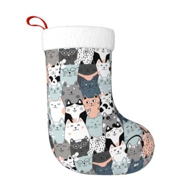 Imagem de Navuxu Gatos engraçados fofos estampados personalizados meia de Natal grande 45,7 cm enfeites de Natal para decorações de festa de Natal decoração de lareira