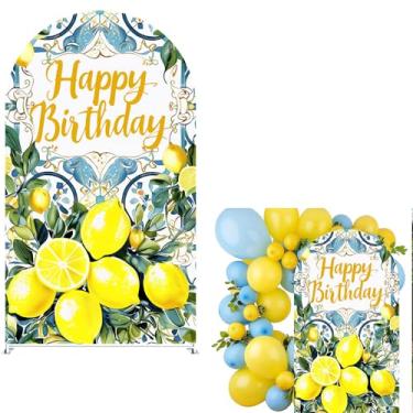Imagem de Uoimystify Happy Birthday Capa de arco de elastano limão e floral azul e dourado pano de fundo elástico para decoração de festa de aniversário, perfeito para eventos de cabine de fotos (1,8 x 0,8 m