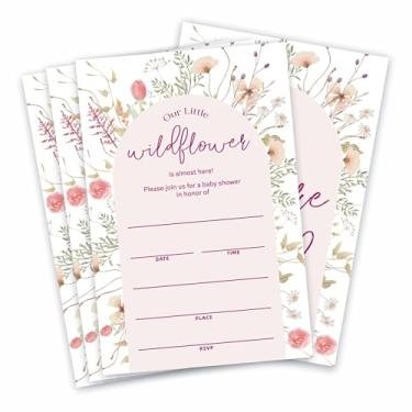 Imagem de Convites para chá de bebê - Our Little Wildflower Is Almost Here, 15 Convites florais em aquarela preenchidos com envelopes e adesivos para meninas, jogos de revelação de gênero, lembrancinhas de