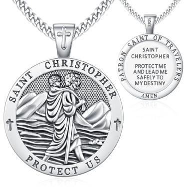 Imagem de Friggem Colar religioso de prata esterlina 925 para homens e mulheres, colar de São Miguel/Cristóvão, pingente, medalha, amuleto católico, joias presentes para pai e filho da polícia, com corrente de