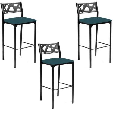 Imagem de Kit 03 Banquetas Alta Com Encosto Luiza Gourmet Para Balcão Cozinha Suede Azul Turquesa - Aurora Line