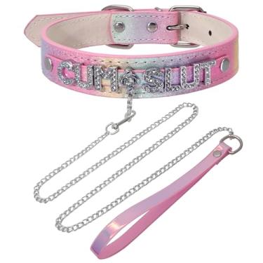 Imagem de FAYERXL Colar gargantilha rosa com gola gótica para mulheres e homens, gargantilha de couro com glitter com letra de nome para festival de cosplay gótico rave punk, Adjustable, Couro, Sem Pedra