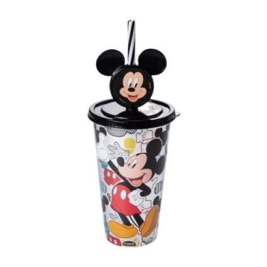Imagem de Copo Infantil 500mL Mickey e Minnie com Canudo Tampa Protetora Antivaz
