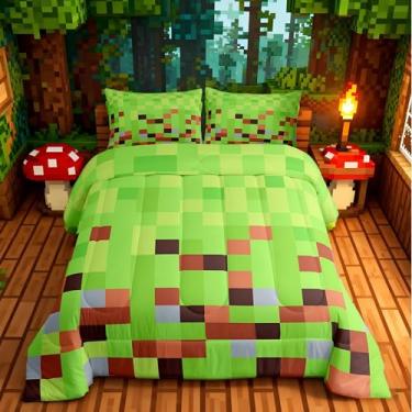 Imagem de Conjunto de edredom com blocos pixelados, tamanho king, camuflagem geométrica verde, quadriculada, alternativa, para adultos, meninos, videogames, videogames, microfibra ultramacia, enchimento interno